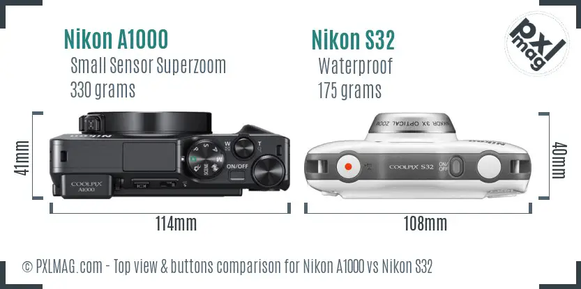 Nikon A1000 vs Nikon S32 top view buttons comparison