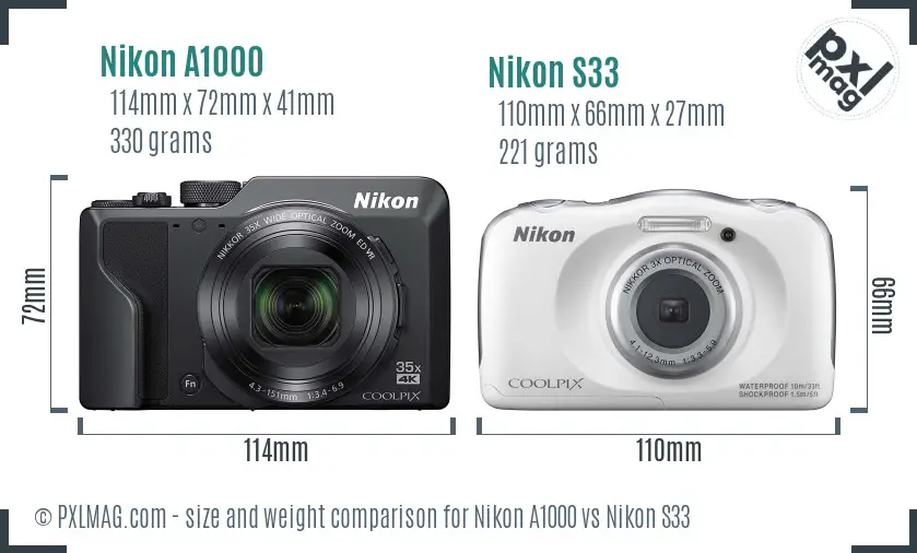 Nikon A1000 vs Nikon S33 size comparison