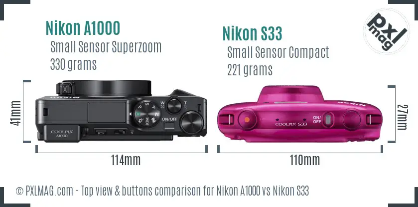 Nikon A1000 vs Nikon S33 top view buttons comparison