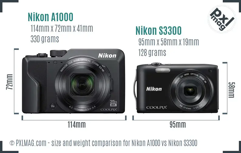 Nikon A1000 vs Nikon S3300 size comparison