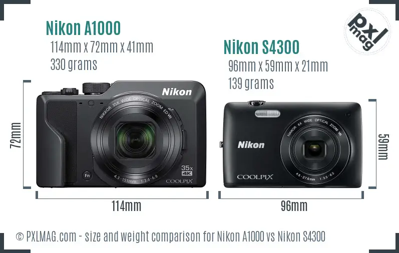 Nikon A1000 vs Nikon S4300 size comparison
