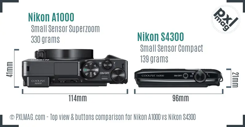 Nikon A1000 vs Nikon S4300 top view buttons comparison