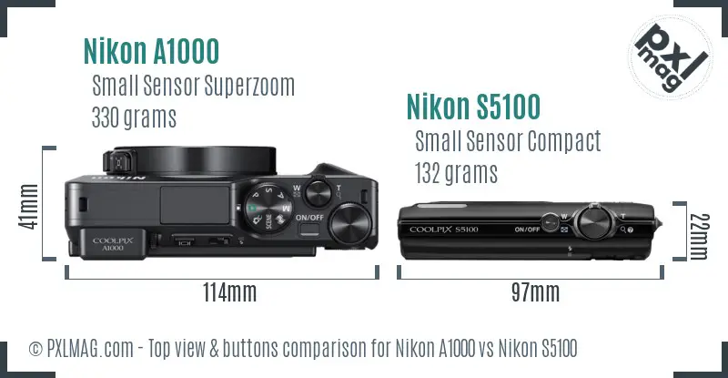 Nikon A1000 vs Nikon S5100 top view buttons comparison Nikon A1000 vs Nikon S5100 top view buttons comparison