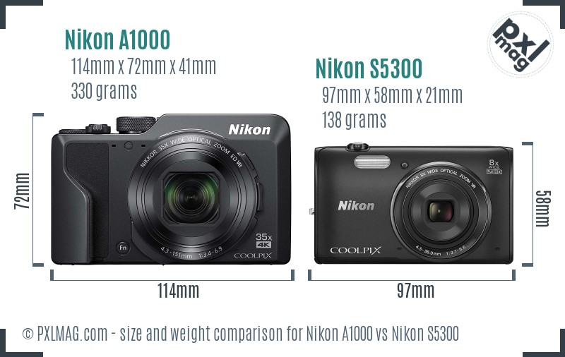 Nikon A1000 vs Nikon S5300 size comparison