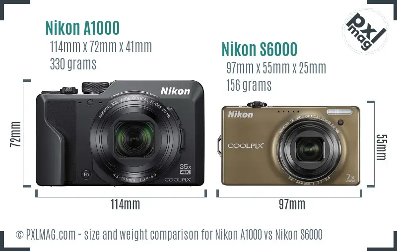 Nikon A1000 vs Nikon S6000 size comparison
