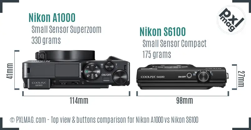 Nikon A1000 vs Nikon S6100 top view buttons comparison Nikon A1000 vs Nikon S6100 top view buttons comparison