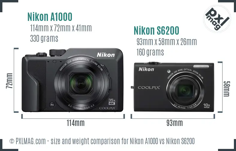 Nikon A1000 vs Nikon S6200 size comparison