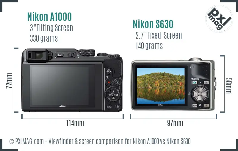 Nikon A1000 vs Nikon S630 Screen and Viewfinder comparison