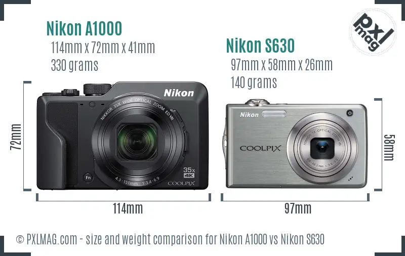 Nikon A1000 vs Nikon S630 size comparison