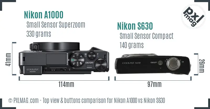 Nikon A1000 vs Nikon S630 top view buttons comparison