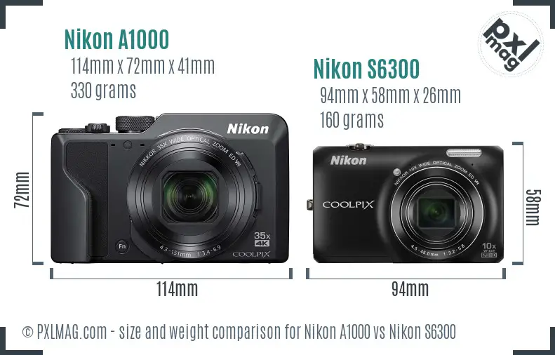 Nikon A1000 vs Nikon S6300 size comparison