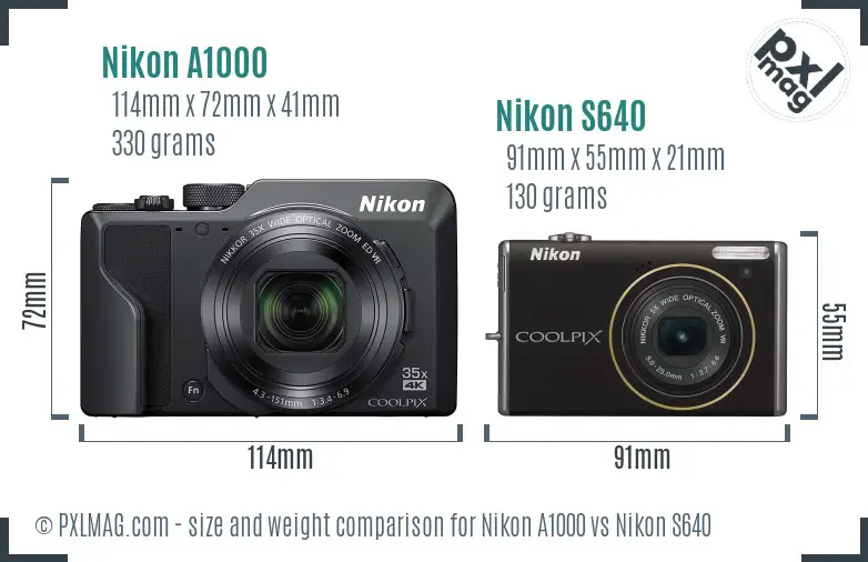 Nikon A1000 vs Nikon S640 size comparison