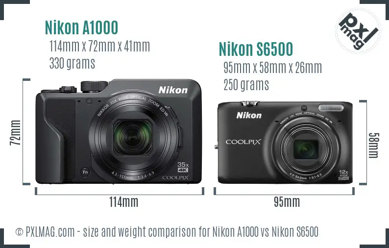 Nikon A1000 vs Nikon S6500 size comparison