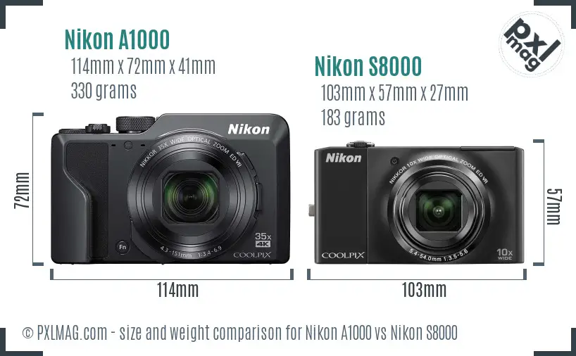 Nikon A1000 vs Nikon S8000 size comparison