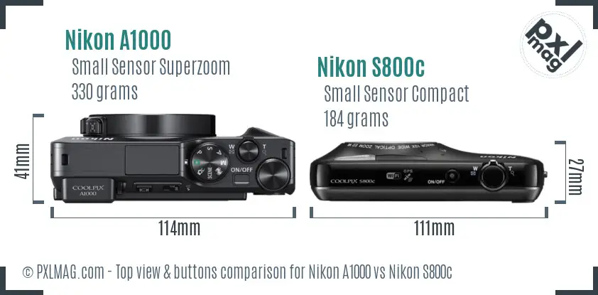 Nikon A1000 vs Nikon S800c top view buttons comparison Nikon A1000 vs Nikon S800c top view buttons comparison