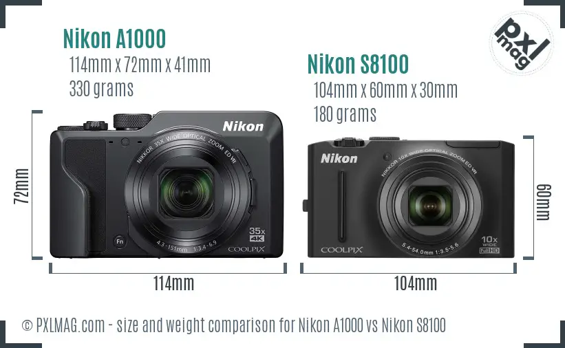 Nikon A1000 vs Nikon S8100 size comparison