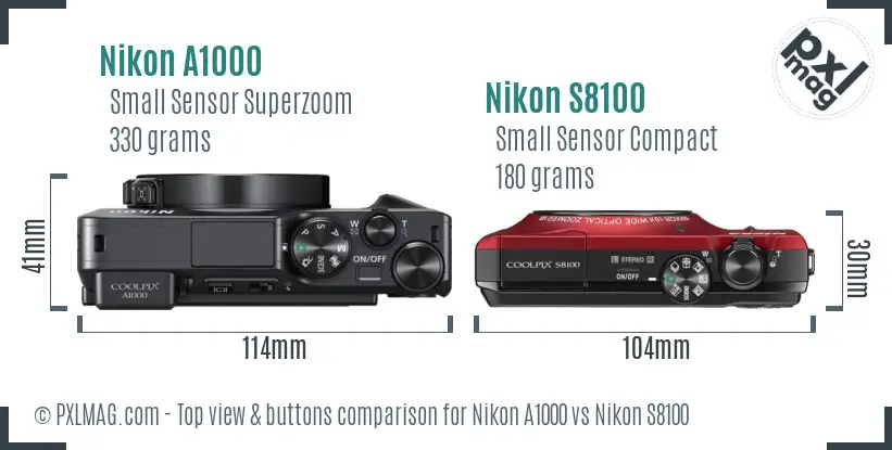 Nikon A1000 vs Nikon S8100 top view buttons comparison