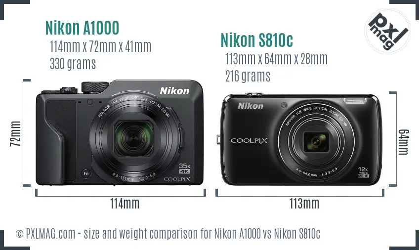 Nikon A1000 vs Nikon S810c size comparison