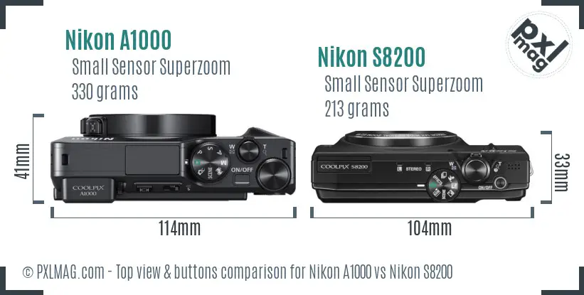 Nikon A1000 vs Nikon S8200 top view buttons comparison