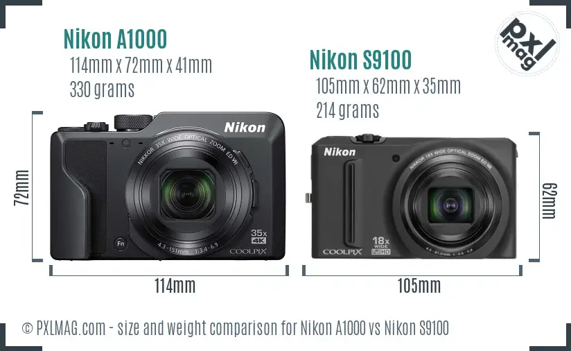 Nikon A1000 vs Nikon S9100 size comparison