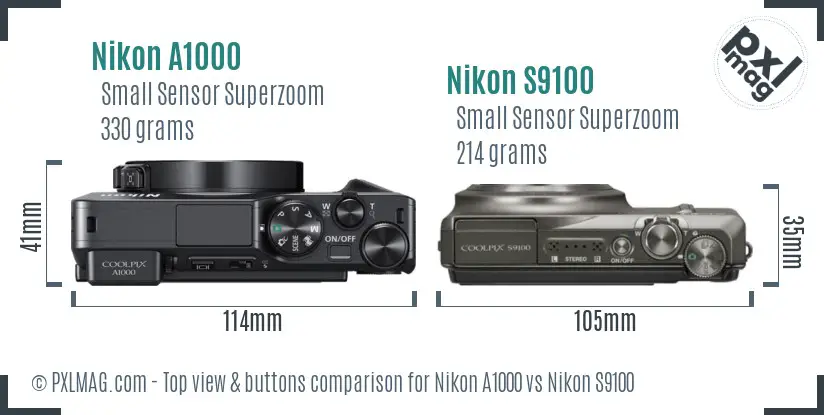 Nikon A1000 vs Nikon S9100 top view buttons comparison