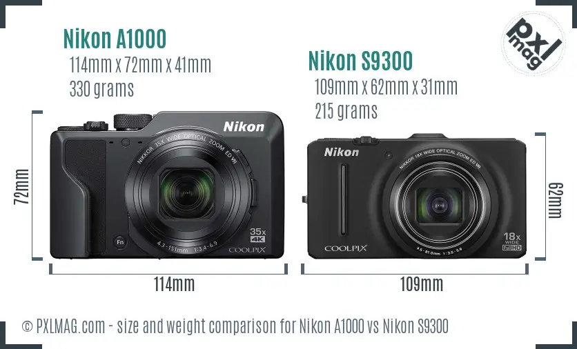 Nikon A1000 vs Nikon S9300 size comparison