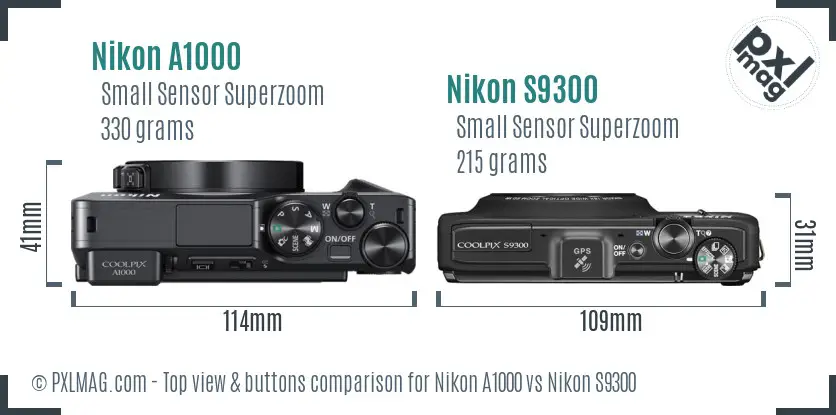 Nikon A1000 vs Nikon S9300 top view buttons comparison