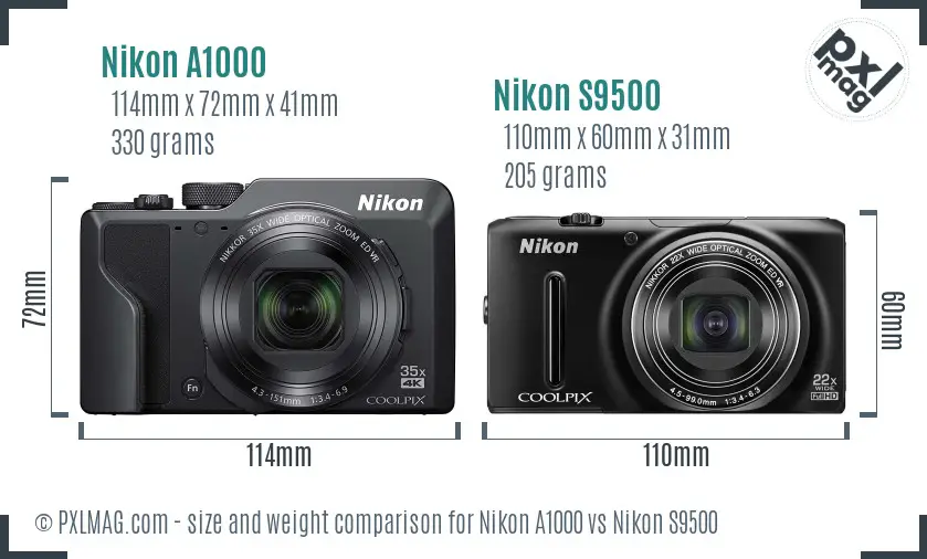 Nikon A1000 vs Nikon S9500 size comparison