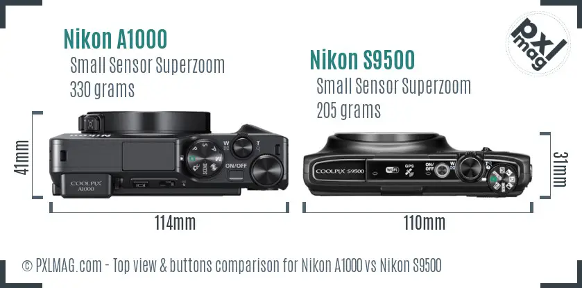 Nikon A1000 vs Nikon S9500 top view buttons comparison