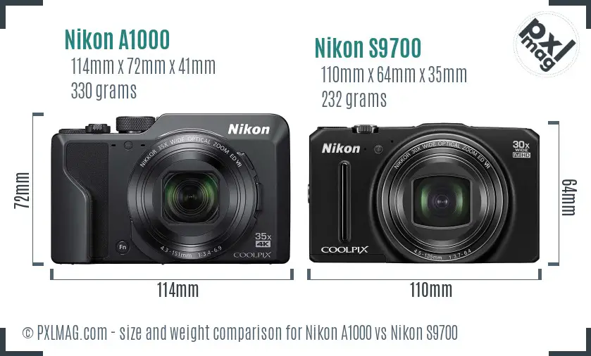 Nikon A1000 vs Nikon S9700 size comparison