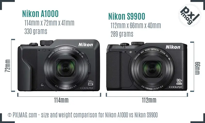 Nikon A1000 vs Nikon S9900 size comparison
