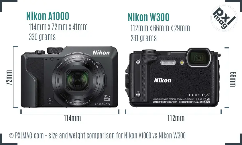 Nikon A1000 vs Nikon W300 size comparison
