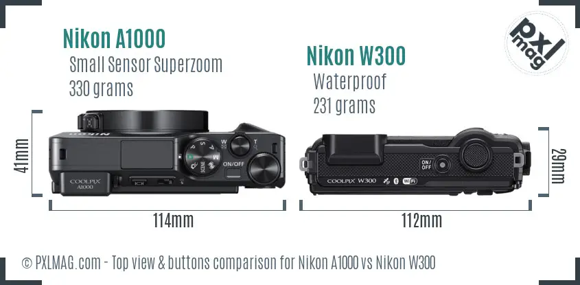 Nikon A1000 vs Nikon W300 top view buttons comparison