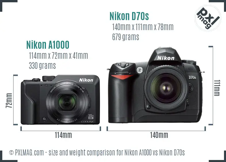 Nikon A1000 vs Nikon D70s size comparison