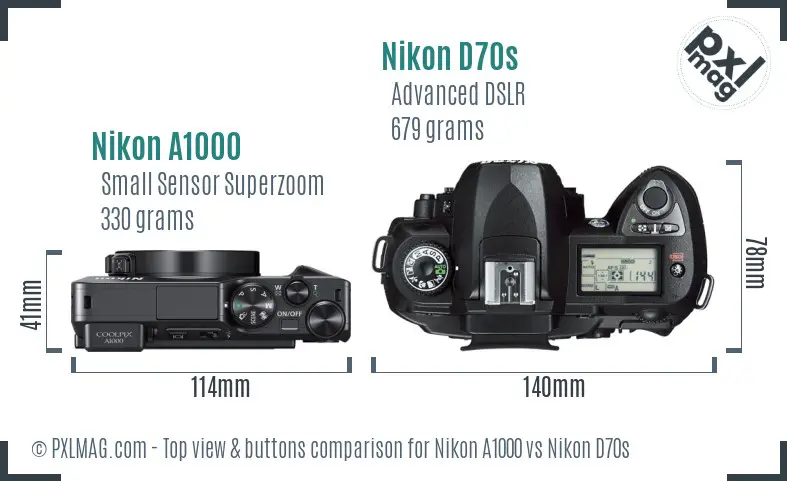 Nikon A1000 vs Nikon D70s top view buttons comparison