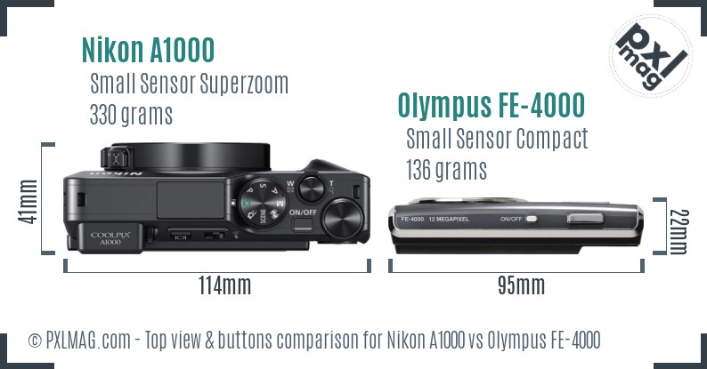 Nikon A1000 vs Olympus FE-4000 top view buttons comparison