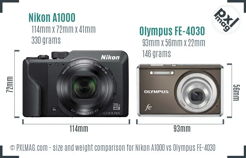 Nikon A1000 vs Olympus FE-4030 size comparison