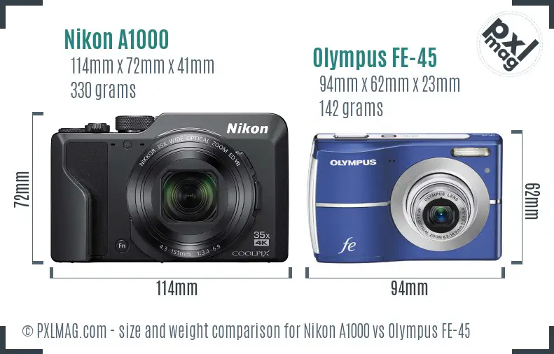 Nikon A1000 vs Olympus FE-45 size comparison