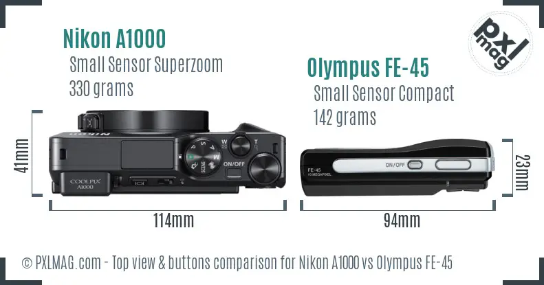 Nikon A1000 vs Olympus FE-45 top view buttons comparison