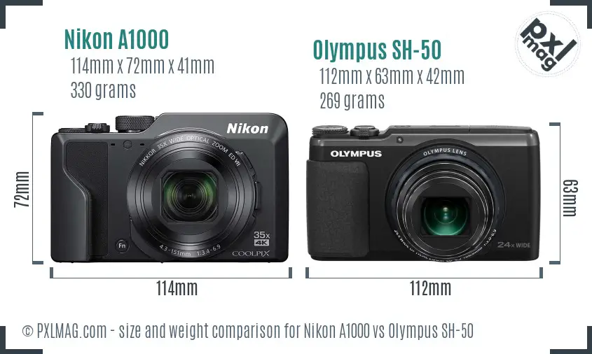 Nikon A1000 vs Olympus SH-50 size comparison