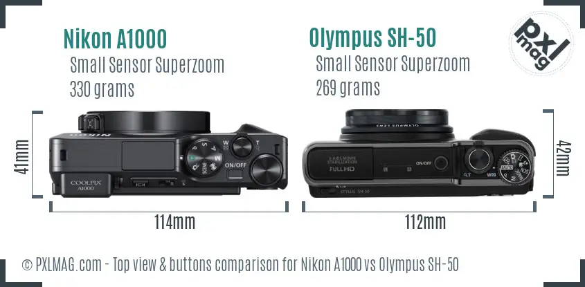 Nikon A1000 vs Olympus SH-50 top view buttons comparison