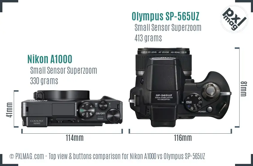 Nikon A1000 vs Olympus SP-565UZ top view buttons comparison
