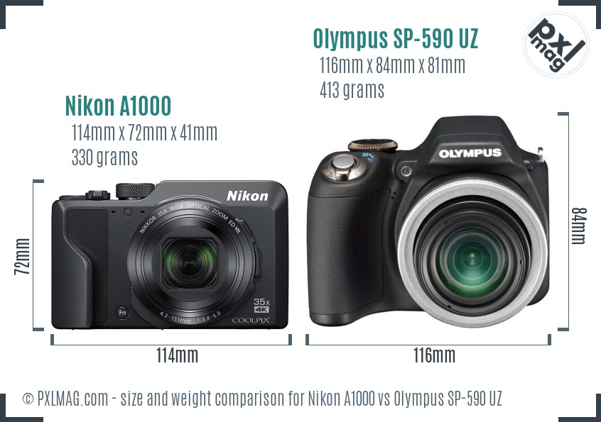Nikon A1000 vs Olympus SP-590 UZ size comparison Nikon A1000 vs Olympus SP-590 UZ size comparison