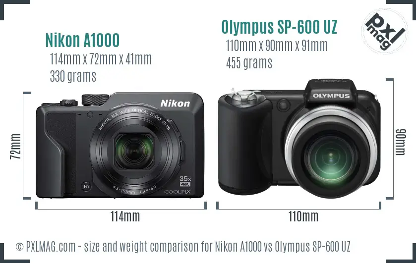 Nikon A1000 vs Olympus SP-600 UZ size comparison