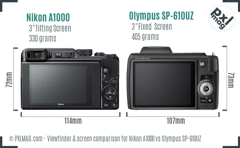 Nikon A1000 vs Olympus SP-610UZ Screen and Viewfinder comparison