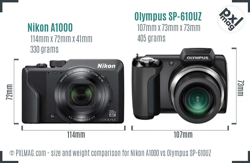 Nikon A1000 vs Olympus SP-610UZ size comparison