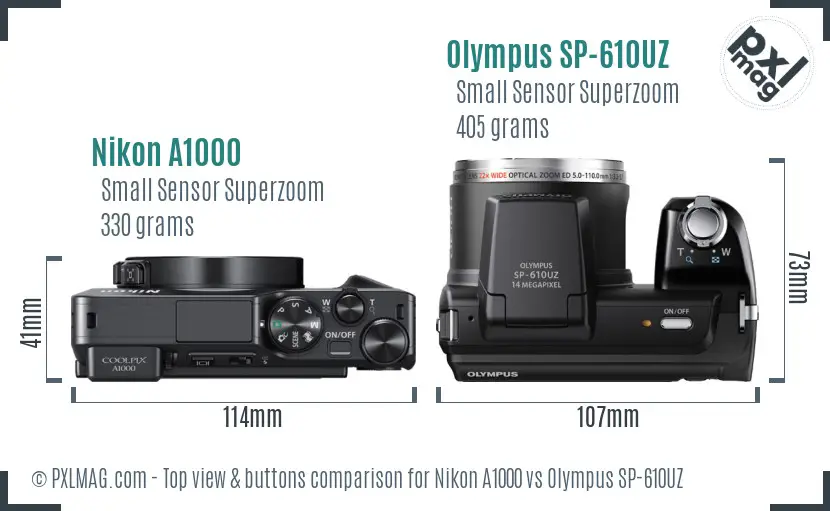 Nikon A1000 vs Olympus SP-610UZ top view buttons comparison