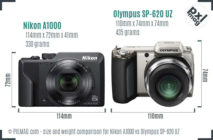 Nikon A1000 vs Olympus SP-620 UZ size comparison