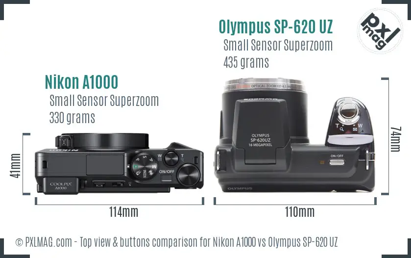 Nikon A1000 vs Olympus SP-620 UZ top view buttons comparison