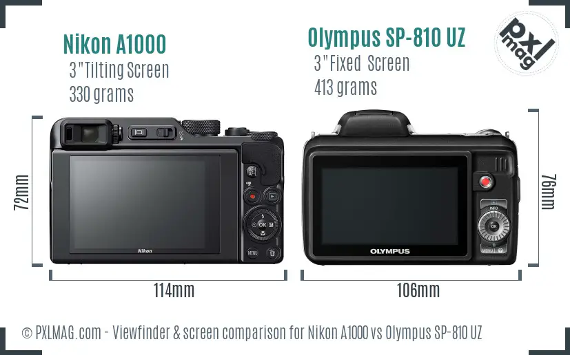 Nikon A1000 vs Olympus SP-810 UZ Screen and Viewfinder comparison